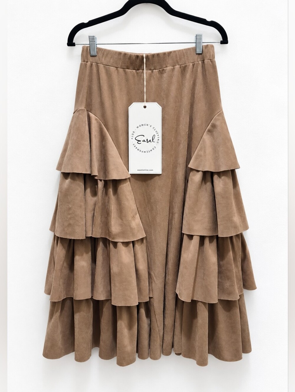 🤎 Easel Tiered Ruffle Suede-Look Midi Skirt – Size Small NWT